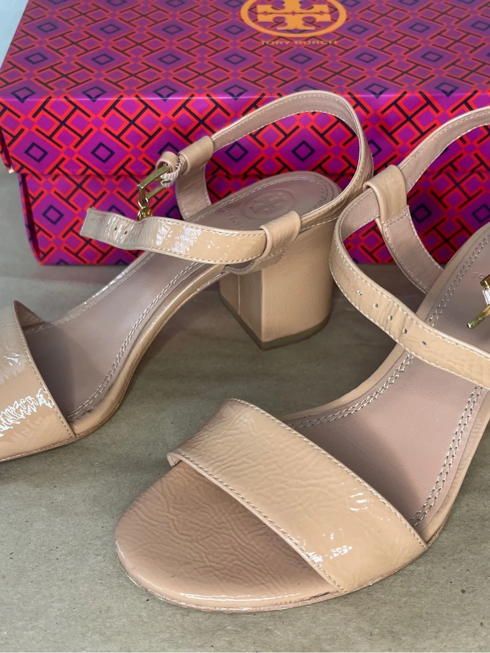 Tory Burch Patent Leather Nude Block Heel Sandals